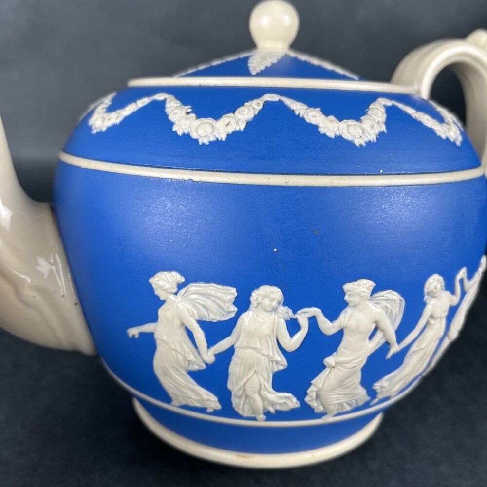 Rare Antique Copeland Spode Blue Jasperware Teapot "Dancing Hours" Neoclassical - Picture 6 of 16